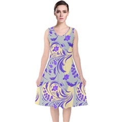 Folk Floral Pattern  Abstract Flowers Surface Design  Seamless Pattern V-neck Midi Sleeveless Dress  by Eskimos