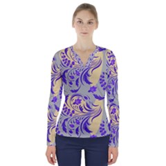 Folk Floral Pattern  Abstract Flowers Surface Design  Seamless Pattern V-neck Long Sleeve Top by Eskimos