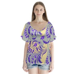 Folk Floral Pattern  Abstract Flowers Surface Design  Seamless Pattern V-neck Flutter Sleeve Top by Eskimos