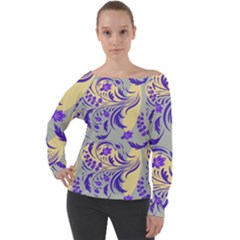 Folk Floral Pattern  Abstract Flowers Surface Design  Seamless Pattern Off Shoulder Long Sleeve Velour Top by Eskimos