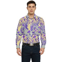 Folk Floral Pattern  Abstract Flowers Surface Design  Seamless Pattern Men s Long Sleeve Pocket Shirt 