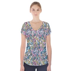 Multicolored Watercolor Stones Short Sleeve Front Detail Top by SychEva