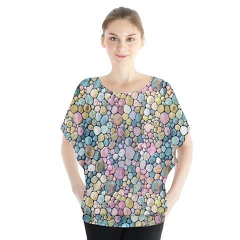 Multicolored Watercolor Stones Batwing Chiffon Blouse by SychEva