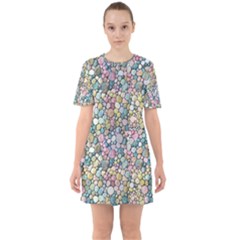 Multicolored Watercolor Stones Sixties Short Sleeve Mini Dress by SychEva