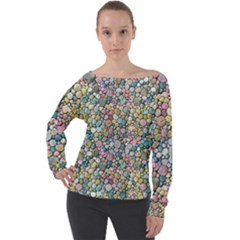 Multicolored Watercolor Stones Off Shoulder Long Sleeve Velour Top by SychEva