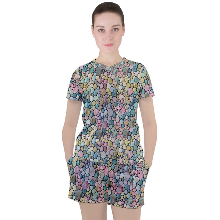 Multicolored Watercolor Stones Women s Tee and Shorts Set