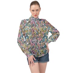 Multicolored Watercolor Stones High Neck Long Sleeve Chiffon Top by SychEva