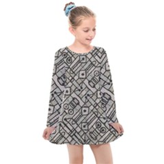 Tribal Geometric Grunge Print Kids  Long Sleeve Dress by dflcprintsclothing