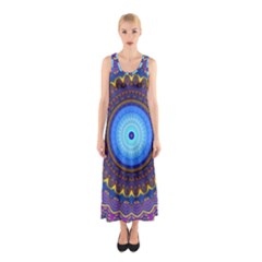 Blue Violet Midnight Sun Mandala Hippie Trippy Psychedelic Kaleidoscope  Sleeveless Maxi Dress