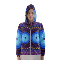 Blue Violet Midnight Sun Mandala Hippie Trippy Psychedelic Kaleidoscope  Women s Hooded Windbreaker by CrypticFragmentsDesign