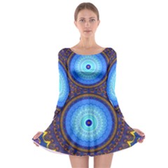 Blue Violet Midnight Sun Mandala Hippie Trippy Psychedelic Kaleidoscope  Long Sleeve Skater Dress