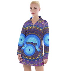 Blue Violet Midnight Sun Mandala Hippie Trippy Psychedelic Kaleidoscope  Women s Long Sleeve Casual Dress