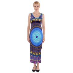 Blue Violet Midnight Sun Mandala Hippie Trippy Psychedelic Kaleidoscope  Fitted Maxi Dress by CrypticFragmentsDesign