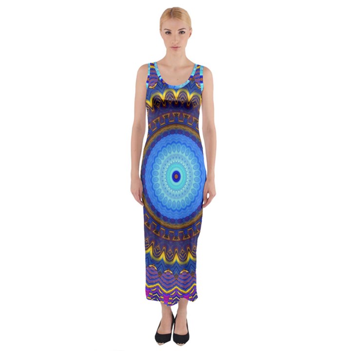 Blue Violet Midnight Sun Mandala Hippie Trippy Psychedelic Kaleidoscope  Fitted Maxi Dress