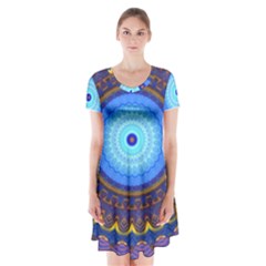 Blue Violet Midnight Sun Mandala Hippie Trippy Psychedelic Kaleidoscope  Short Sleeve V-neck Flare Dress