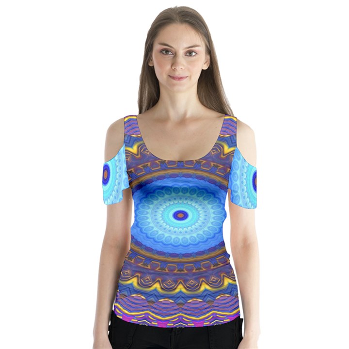 Blue Violet Midnight Sun Mandala Hippie Trippy Psychedelic Kaleidoscope  Butterfly Sleeve Cutout Tee 