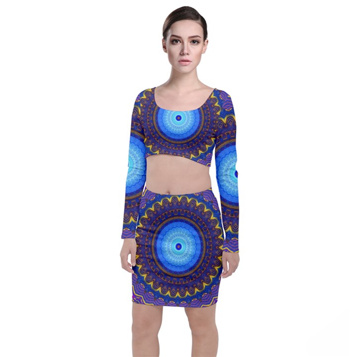 Blue Violet Midnight Sun Mandala Hippie Trippy Psychedelic Kaleidoscope  Top and Skirt Sets