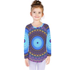 Blue Violet Midnight Sun Mandala Hippie Trippy Psychedelic Kaleidoscope  Kids  Long Sleeve Tee