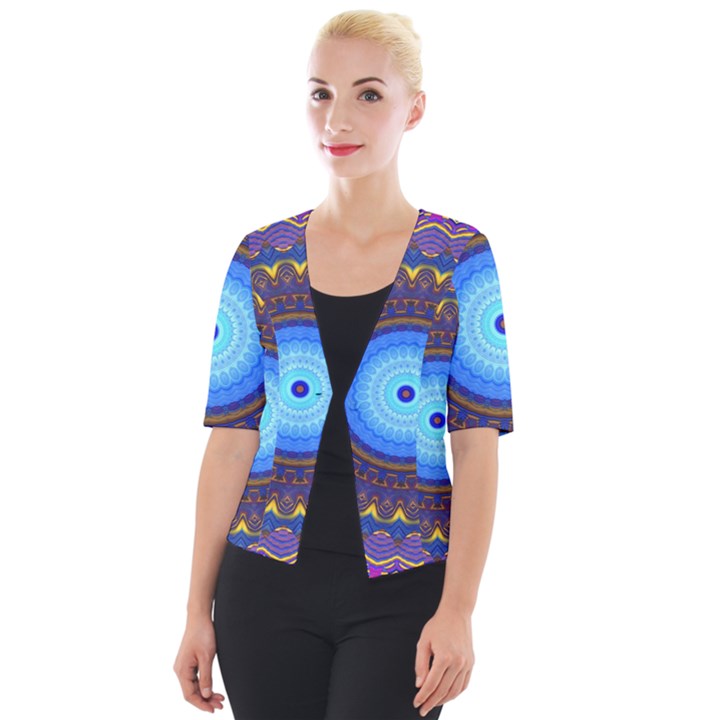 Blue Violet Midnight Sun Mandala Hippie Trippy Psychedelic Kaleidoscope  Cropped Button Cardigan