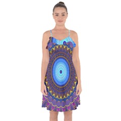 Blue Violet Midnight Sun Mandala Hippie Trippy Psychedelic Kaleidoscope  Ruffle Detail Chiffon Dress by CrypticFragmentsDesign