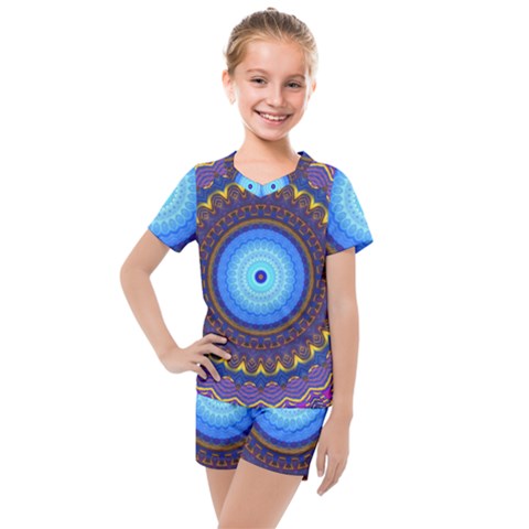 Blue Violet Midnight Sun Mandala Hippie Trippy Psychedelic Kaleidoscope  Kids  Mesh Tee And Shorts Set by CrypticFragmentsDesign