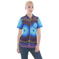 Blue Violet Midnight Sun Mandala Hippie Trippy Psychedelic Kaleidoscope  Women s Short Sleeve Pocket Shirt