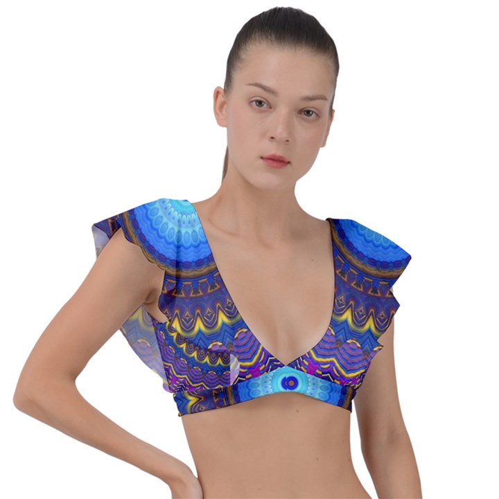 Blue Violet Midnight Sun Mandala Hippie Trippy Psychedelic Kaleidoscope  Plunge Frill Sleeve Bikini Top