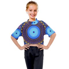 Blue Violet Midnight Sun Mandala Hippie Trippy Psychedelic Kaleidoscope  Kids Mock Neck Tee