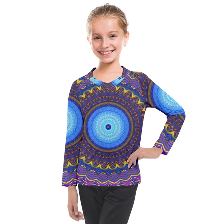 Blue Violet Midnight Sun Mandala Hippie Trippy Psychedelic Kaleidoscope  Kids  Long Mesh Tee