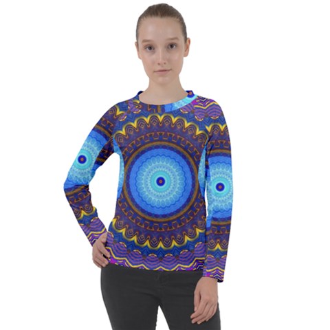 Blue Violet Midnight Sun Mandala Hippie Trippy Psychedelic Kaleidoscope  Women s Long Sleeve Raglan Tee by CrypticFragmentsDesign