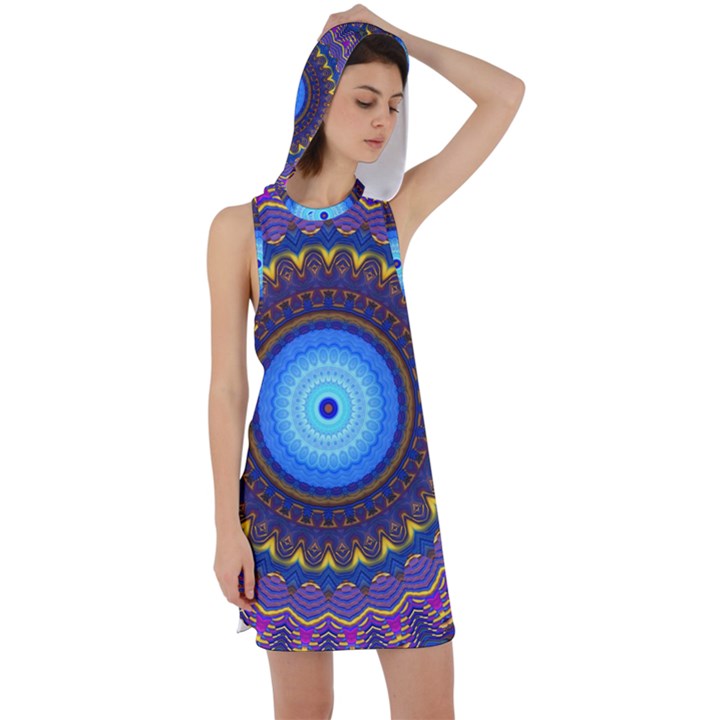 Blue Violet Midnight Sun Mandala Hippie Trippy Psychedelic Kaleidoscope  Racer Back Hoodie Dress