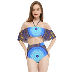 Blue Violet Midnight Sun Mandala Hippie Trippy Psychedelic Kaleidoscope  Halter Flowy Bikini Set 