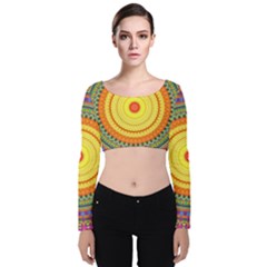 Neon Calliope Kaleidoscope Mandala Velvet Long Sleeve Crop Top by CrypticFragmentsDesign