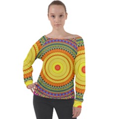 Neon Calliope Kaleidoscope Mandala Off Shoulder Long Sleeve Velour Top by CrypticFragmentsDesign