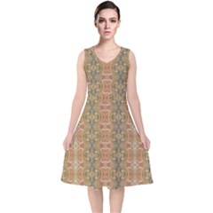 Vintage Ornate Geometric Pattern V-neck Midi Sleeveless Dress 