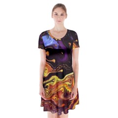 Nebula Starry Night Skies Abstract Art Short Sleeve V-neck Flare Dress by CrypticFragmentsDesign