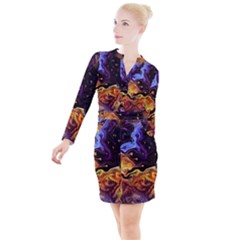 Nebula Starry Night Skies Abstract Art Button Long Sleeve Dress by CrypticFragmentsDesign