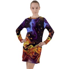 Nebula Starry Night Skies Abstract Art Long Sleeve Hoodie Dress by CrypticFragmentsDesign