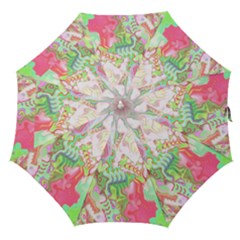 Boho Hippie Trippy Psychedelic Abstract Hot Pink Lime Green Straight Umbrellas by CrypticFragmentsDesign