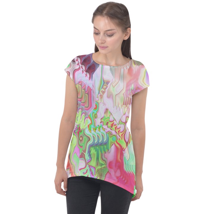 Boho Hippie Trippy Psychedelic Abstract Hot Pink Lime Green Cap Sleeve High Low Top