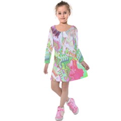 Boho Hippie Trippy Psychedelic Abstract Hot Pink Lime Green Kids  Long Sleeve Velvet Dress by CrypticFragmentsDesign