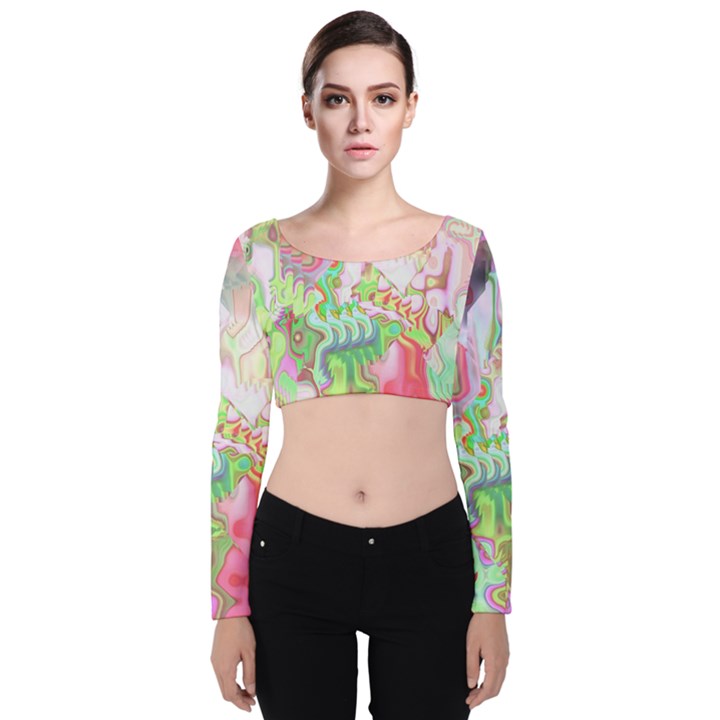 Boho Hippie Trippy Psychedelic Abstract Hot Pink Lime Green Velvet Long Sleeve Crop Top