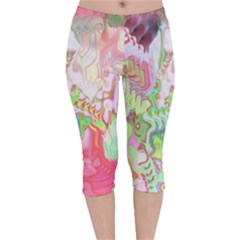 Boho Hippie Trippy Psychedelic Abstract Hot Pink Lime Green Velvet Capri Leggings  by CrypticFragmentsDesign