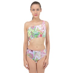 Boho Hippie Trippy Psychedelic Abstract Hot Pink Lime Green Spliced Up Two Piece Swimsuit by CrypticFragmentsDesign