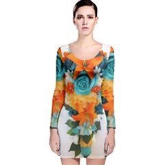 Spring Flowers Long Sleeve Velvet Bodycon Dress