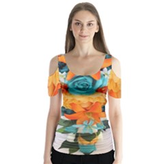 Spring Flowers Butterfly Sleeve Cutout Tee 