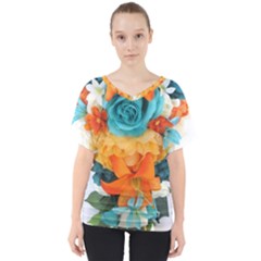 Spring Flowers V-neck Dolman Drape Top by LW41021