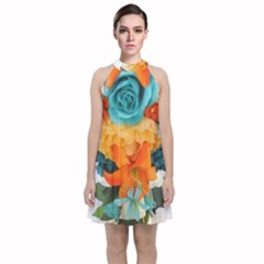 Spring Flowers Velvet Halter Neckline Dress 