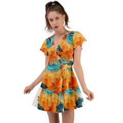 Spring Flowers Flutter Sleeve Wrap Dress by LW41021