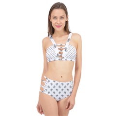 Black And White Sketchy Birds Motif Pattern Cage Up Bikini Set